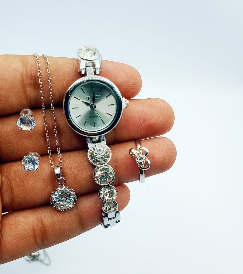 Women Bracelet Watch Set Crystal Design Necklace Earrings ring Female Jewelry Set Gift Box. GsmartBD Best Online Shop