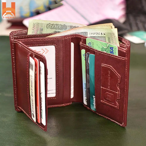 HINGARE - Oily Genuine Leather Men's Short Wallet Best Leather Tri-Fold Wallet