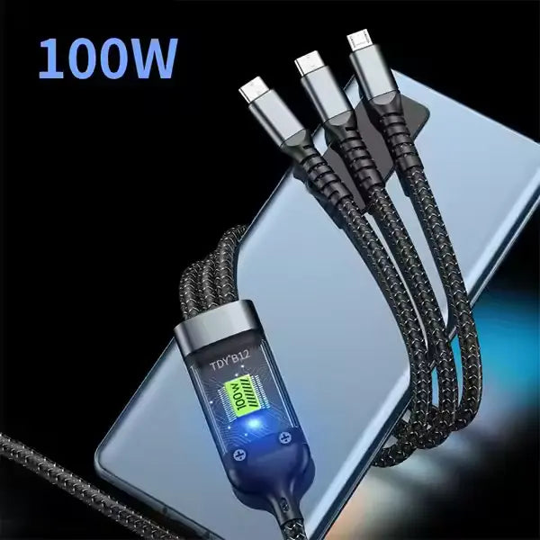 New Transparent 3 in 1 LED Night Light Fast Charging Cable 100W Phone Data Cable