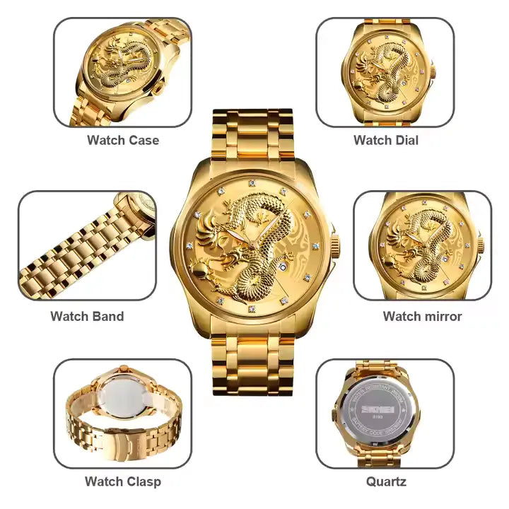 YOLAKO Brand Alloy Steel Men’s Dragon Watch - Golden Color