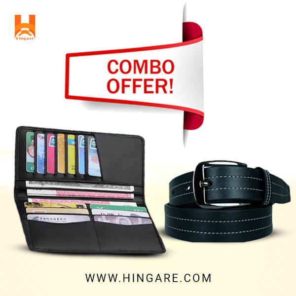 Hingare 100% Genuine Leather Long Wallet & Double Stitching Belts Combo