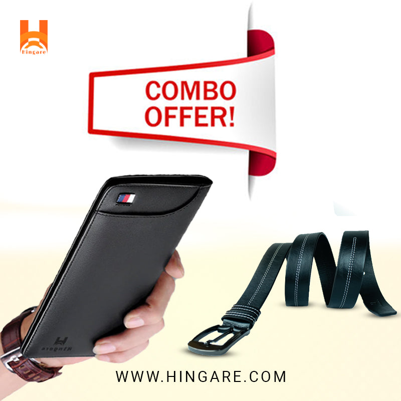 Hingare 100% Genuine Leather Long Wallet & Double Stitching Belts Combo